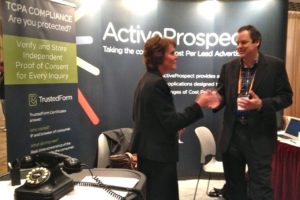 Lois Greisman, FTC division of marketing practices, speaking with Steve Rafferty, founder of ActiveProspect, at APSCU convention. Photo courtesy of Goldie Blumenstyk of The Chronicle of Higher Education. 