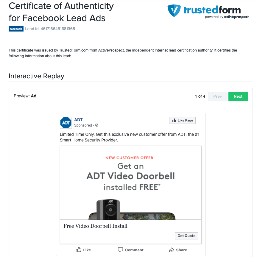 Sample TrustedForm Facebook Certificate: Ad