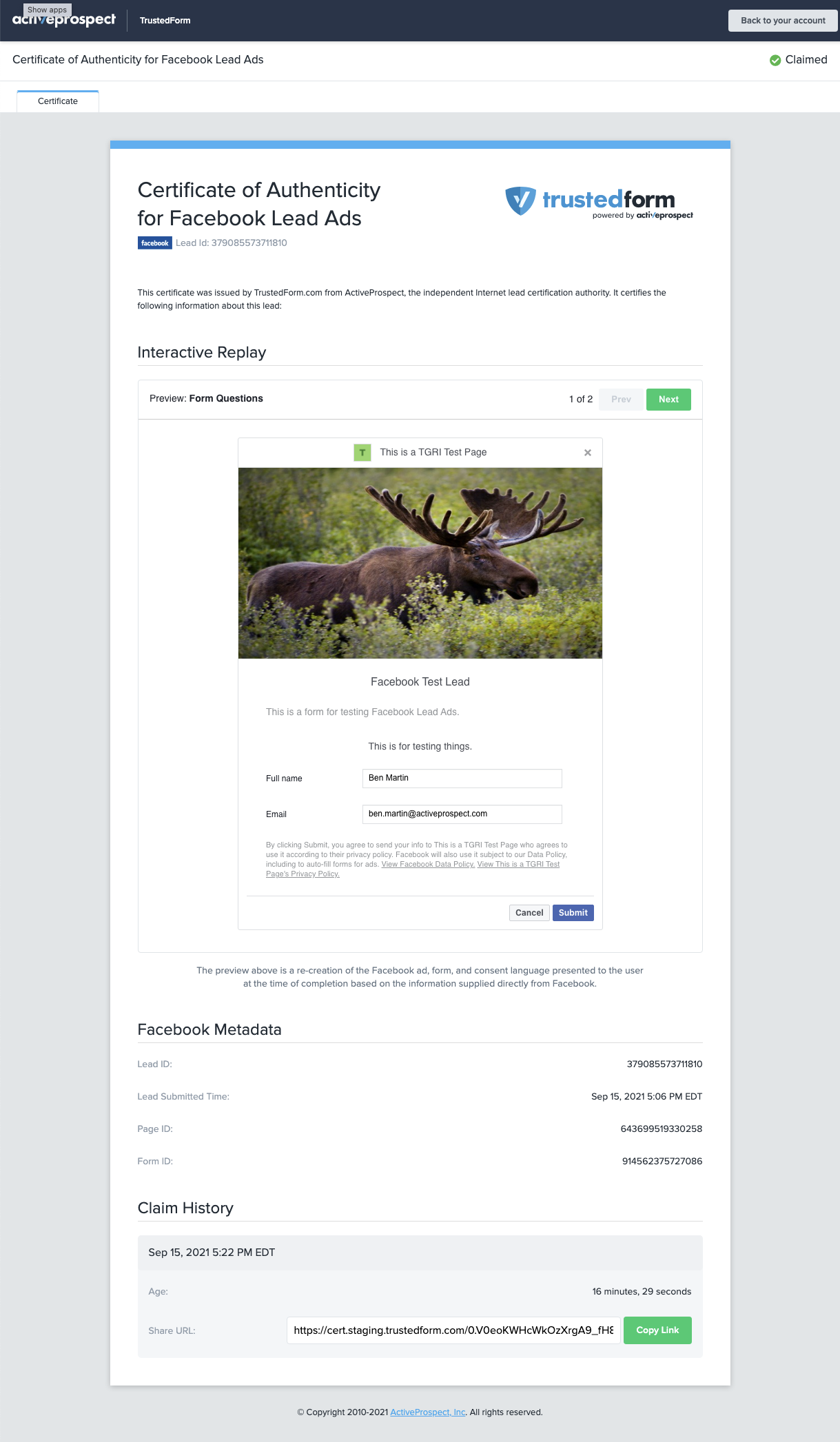 Sample TrustedForm Facebook Certificate: Form