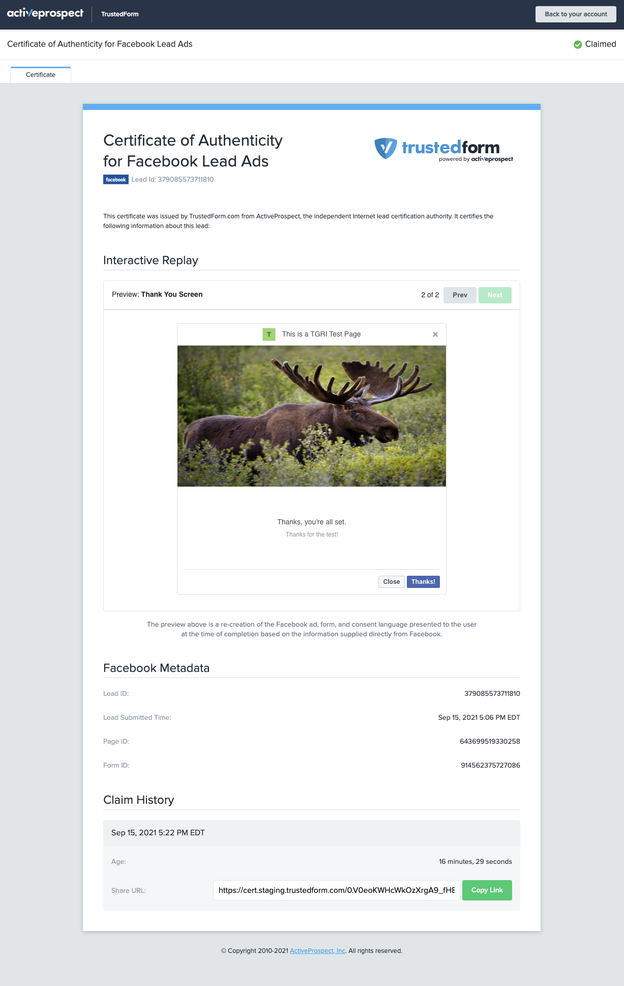 Sample TrustedForm Facebook Certificate: Thank you page
